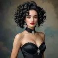 A stunning woman reminiscent of Salvador Dali's 'Gala', with bold red lips and curly black hair, Highly Detailed, Half Body, Gorgeous, Stunning, Elegant