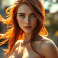 a stunningly beautiful woman with flowing red hair and piercing blue eyes, illuminated by warm sunlight, Highly Detailed, Half Body, Gorgeous, Stunning, Elegant by Stanley Artgerm Lau