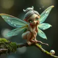 a mischievous fairy with delicate wings and sparkling emerald eyes, perched on a mossy branch, Highly Detailed, Half Body, Gorgeous, Stunning, Elegant by Stanley Artgerm Lau