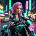 A woman with pink hair and heterochromatic eyes (one blue, one green), riding her motorcycle through neon-lit city streets at night, Highly Detailed, Intricate, Half Body, Realistic