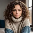 A gorgeous woman with curly dark brown hair and warm hazel eyes, wearing a cozy sweater and distressed denim, Highly Detailed, Half Body, Gorgeous, Stunning, Elegant