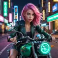 A woman with pink hair and heterochromatic eyes (one blue, one green), riding her motorcycle through neon-lit city streets at night, Highly Detailed, Intricate, Half Body, Realistic