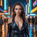 A captivating woman with piercing blue eyes, wearing a modern, stylish outfit, walking through a bustling city at night, neon lights reflecting off wet pavement, urban setting, dynamic composition, Highly Detailed, Half Body, Gorgeous, Stunning, Elegant by Stanley Artgerm Lau