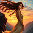 A stunning woman with flowing long hair, standing on a cliff at sunset, dressed in an elegant gown, her expression serene and contemplative, vivid colors in the sky reflecting on her face., Highly Detailed, Half Body, Gorgeous, Stunning, Elegant by Stanley Artgerm Lau