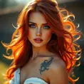 a stunningly beautiful woman with flowing red hair and piercing blue eyes, illuminated by warm sunlight, Highly Detailed, Half Body, Gorgeous, Stunning, Elegant by Stanley Artgerm Lau