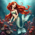 a whimsical mermaid with shimmering scales and a flowing auburn mane, swimming amidst coral reefs, Highly Detailed, Half Body, Gorgeous, Stunning, Elegant by Stanley Artgerm Lau