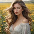 a beautiful woman with flowing hair, standing in a field of wildflowers, Highly Detailed, Half Body, Gorgeous, Stunning, Elegant by Stanley Artgerm Lau