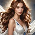 A woman with cascading chestnut brown hair, her eyes sparkling like sapphires, wearing a flowing white dress that catches the light, Highly Detailed, Half Body, Gorgeous, Stunning, Elegant by Stanley Artgerm Lau