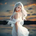 An ethereal woman with silver-white hair, soft violet eyes, and an airy chiffon dress, floating gracefully above a tranquil, mirror-like lake at twilight, Highly Detailed, Half Body, Gorgeous, Stunning, Elegant by Stanley Artgerm Lau