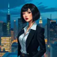 A confident woman with a sleek bob haircut, sharp features, and a tailored power suit, commanding attention in a modern metropolis skyline during the blue hour, Highly Detailed, Half Body, Gorgeous, Stunning, Elegant by Stanley Artgerm Lau