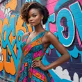 A radiant woman with dark skin and bright, colorful makeup, wearing a vibrant patterned dress, standing in front of a graffiti-covered wall, vivid colors, artistic and contemporary vibe, Highly Detailed, Half Body, Gorgeous, Stunning, Elegant by Stanley Artgerm Lau