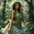 A serene goddess of nature, immersed in a lush, blooming forest, Highly Detailed, Half Body, Gorgeous, Stunning, Elegant by Stanley Artgerm Lau