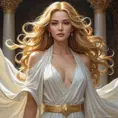 a timeless goddess with cascading golden hair and a serene expression, draped in flowing white robes, Highly Detailed, Half Body, Gorgeous, Stunning, Elegant by Stanley Artgerm Lau