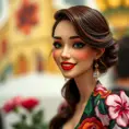 A vibrant brunette with striking green eyes, sporting a bright red lipsticked smile, wearing a bold floral print dress that complements her lively personality, Highly Detailed, Half Body, Gorgeous, Stunning, Elegant by Stanley Artgerm Lau