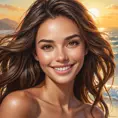 A captivatingly beautiful woman with warm brown eyes, sun-kissed skin, and a mischievous grin, radiating joy and vitality, Highly Detailed, Half Body, Gorgeous, Stunning, Elegant by Stanley Artgerm Lau