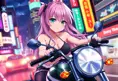 An anime-style illustration of a woman with pink hair and heterochromatic eyes (one blue, one green), riding her motorcycle through neon-lit city streets at night, Highly Detailed, Intricate, Half Body, Realistic