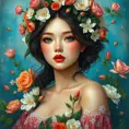 A goddess-like figure emerging from a canvas of vibrant flowers, with skin as radiant as roses and eyes reflecting the depth of the ocean, her hair a crown of intertwined blooms, capturing the essence of spring's bounty., Highly Detailed, Half Body, Gorgeous, Stunning, Elegant by Stanley Artgerm Lau