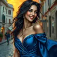 A woman with alabaster skin and deep azure eyes, adorned in a flowing gown of midnight blue silk that shimmers under the caress of a warm Mediterranean sunset, her laughter echoing like music over the cobblestone streets of an ancient city., Highly Detailed, Half Body, Gorgeous, Stunning, Elegant by Stanley Artgerm Lau