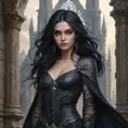 An enchantress standing amidst the ruins of an old, gothic cathedral, her raven hair flowing like a river of midnight ink, her eyes piercing through the shadows cast by the broken spires, a mystical energy emanating from her fingertips., Highly Detailed, Half Body, Gorgeous, Stunning, Elegant by Stanley Artgerm Lau