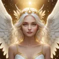 A celestial being with wings of pure white and eyes like stars, floating amidst a halo of soft, golden light, Highly Detailed, Half Body, Gorgeous, Stunning, Elegant by Stefan Kostic