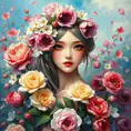 A goddess-like figure emerging from a canvas of vibrant flowers, with skin as radiant as roses and eyes reflecting the depth of the ocean, her hair a crown of intertwined blooms, capturing the essence of spring's bounty., Highly Detailed, Half Body, Gorgeous, Stunning, Elegant by Stanley Artgerm Lau