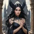 An enchantress standing amidst the ruins of an old, gothic cathedral, her raven hair flowing like a river of midnight ink, her eyes piercing through the shadows cast by the broken spires, a mystical energy emanating from her fingertips., Highly Detailed, Half Body, Gorgeous, Stunning, Elegant by Stanley Artgerm Lau