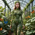 A woman made entirely of vines and flowers, standing in a lush and vibrant greenhouse, surrounded by exotic plants and butterflies, Highly Detailed, Half Body, Gorgeous, Stunning, Elegant by Greg Rutkowski