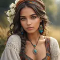 captivating gypsy with deep, soulful eyes, bohemian attire, and a carefree spirit, Highly Detailed, Half Body, Gorgeous, Stunning, Elegant by Stanley Artgerm Lau, Stefan Kostic