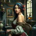 An embodiment of renaissance beauty, painted with colors that blend the Renaissance era's elegance and modern artistry, her expression one of thoughtful contemplation amidst an ornate studio filled with artifacts of the past., Highly Detailed, Half Body, Gorgeous, Stunning, Elegant by Stanley Artgerm Lau