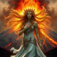 A mythological goddess with flowing, fiery locks and eyes that burn with inner power, standing in front of a roaring volcano, with light and lava swirling around her, Highly Detailed, Half Body, Gorgeous, Stunning, Elegant by Greg Rutkowski