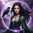 A mystical sorceress with piercing emerald eyes and raven-black hair, standing amidst a swirling vortex of purple mist, Highly Detailed, Half Body, Gorgeous, Stunning, Elegant by Stefan Kostic