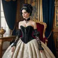 A Victorian-era aristocrat with porcelain skin and raven-black hair, dressed in a corset and bustle, surrounded by opulent furnishings and velvet drapes, Highly Detailed, Half Body, Gorgeous, Stunning, Elegant by Stefan Kostic