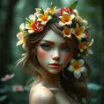 enchanting forest nymph with delicate features, vibrant wildflowers adorning her hair, Highly Detailed, Half Body, Gorgeous, Stunning, Elegant by Stanley Artgerm Lau, Stefan Kostic