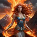 A mythological goddess with flowing, fiery locks and eyes that burn with inner power, standing in front of a roaring volcano, with light and lava swirling around her, Highly Detailed, Half Body, Gorgeous, Stunning, Elegant by Greg Rutkowski