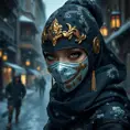 Wallpaper of a mysterious beautiful masked kunoichi ninja wearing eyeliner and gold jewelry in the streets of a dark snowy town in moscow, fluid motion, 8k, Intricate Details, Trending on Artstation, Beautiful, Stunning, Centered by Stanley Artgerm Lau, WLOP