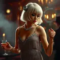 A glamorous, 1920s-style flapper with a bobbed, platinum-blonde haircut and a beaded, fringe dress, dancing the Charleston in a smoke-filled speakeasy, Highly Detailed, Half Body, Gorgeous, Stunning, Elegant by Stefan Kostic