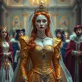 A regal queen with porcelain skin and fiery red locks, adorned in a gown of shimmering gold and sapphire, surrounded by a retinue of loyal courtiers, Highly Detailed, Half Body, Gorgeous, Stunning, Elegant by Stefan Kostic