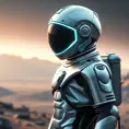 A futuristic astronaut with a sleek, silver spacesuit and a helmet adorned with glowing, neon-blue accents, standing on the surface of a distant, alien planet, Highly Detailed, Half Body, Gorgeous, Stunning, Elegant by Stefan Kostic