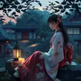 A serene and mysterious woman in a kimono, sitting in a Japanese garden at dusk, with a lantern and candles nearby, Highly Detailed, Half Body, Gorgeous, Stunning, Elegant by Greg Rutkowski