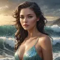 mysterious siren emerging from crashing waves, glistening droplets on her radiant skin, Highly Detailed, Half Body, Gorgeous, Stunning, Elegant by Stanley Artgerm Lau, Stefan Kostic