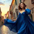 A woman with alabaster skin and deep azure eyes, adorned in a flowing gown of midnight blue silk that shimmers under the caress of a warm Mediterranean sunset, her laughter echoing like music over the cobblestone streets of an ancient city., Highly Detailed, Half Body, Gorgeous, Stunning, Elegant by Stanley Artgerm Lau