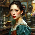 An embodiment of renaissance beauty, painted with colors that blend the Renaissance era's elegance and modern artistry, her expression one of thoughtful contemplation amidst an ornate studio filled with artifacts of the past., Highly Detailed, Half Body, Gorgeous, Stunning, Elegant by Stanley Artgerm Lau