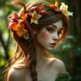 enchanting forest nymph with delicate features, vibrant wildflowers adorning her hair, Highly Detailed, Half Body, Gorgeous, Stunning, Elegant by Stanley Artgerm Lau, Stefan Kostic