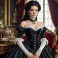 A Victorian-era aristocrat with porcelain skin and raven-black hair, dressed in a corset and bustle, surrounded by opulent furnishings and velvet drapes, Highly Detailed, Half Body, Gorgeous, Stunning, Elegant by Stefan Kostic