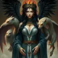 A regal queen of an uncharted land, with hair as dark as the raven's wing and eyes that hold the wisdom of the ages, her attire a tapestry of the earth's rich palette, surrounded by creatures of myth and legend., Highly Detailed, Half Body, Gorgeous, Stunning, Elegant by Stanley Artgerm Lau