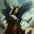 A regal queen of an uncharted land, with hair as dark as the raven's wing and eyes that hold the wisdom of the ages, her attire a tapestry of the earth's rich palette, surrounded by creatures of myth and legend., Highly Detailed, Half Body, Gorgeous, Stunning, Elegant by Stanley Artgerm Lau