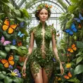 A woman made entirely of vines and flowers, standing in a lush and vibrant greenhouse, surrounded by exotic plants and butterflies, Highly Detailed, Half Body, Gorgeous, Stunning, Elegant by Greg Rutkowski