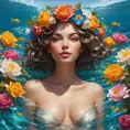 A goddess-like figure emerging from a canvas of vibrant flowers, with skin as radiant as roses and eyes reflecting the depth of the ocean, her hair a crown of intertwined blooms, capturing the essence of spring's bounty., Highly Detailed, Half Body, Gorgeous, Stunning, Elegant by Stanley Artgerm Lau