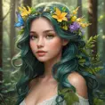 enchanting forest nymph with delicate features, vibrant wildflowers adorning her hair, Highly Detailed, Half Body, Gorgeous, Stunning, Elegant by Stanley Artgerm Lau, Stefan Kostic