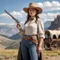 A pioneer woman in the Wild West, standing in front of a covered wagon, with a wide-brimmed hat and a holstered pistol, against a range of sweeping mountains, Highly Detailed, Half Body, Gorgeous, Stunning, Elegant by Greg Rutkowski